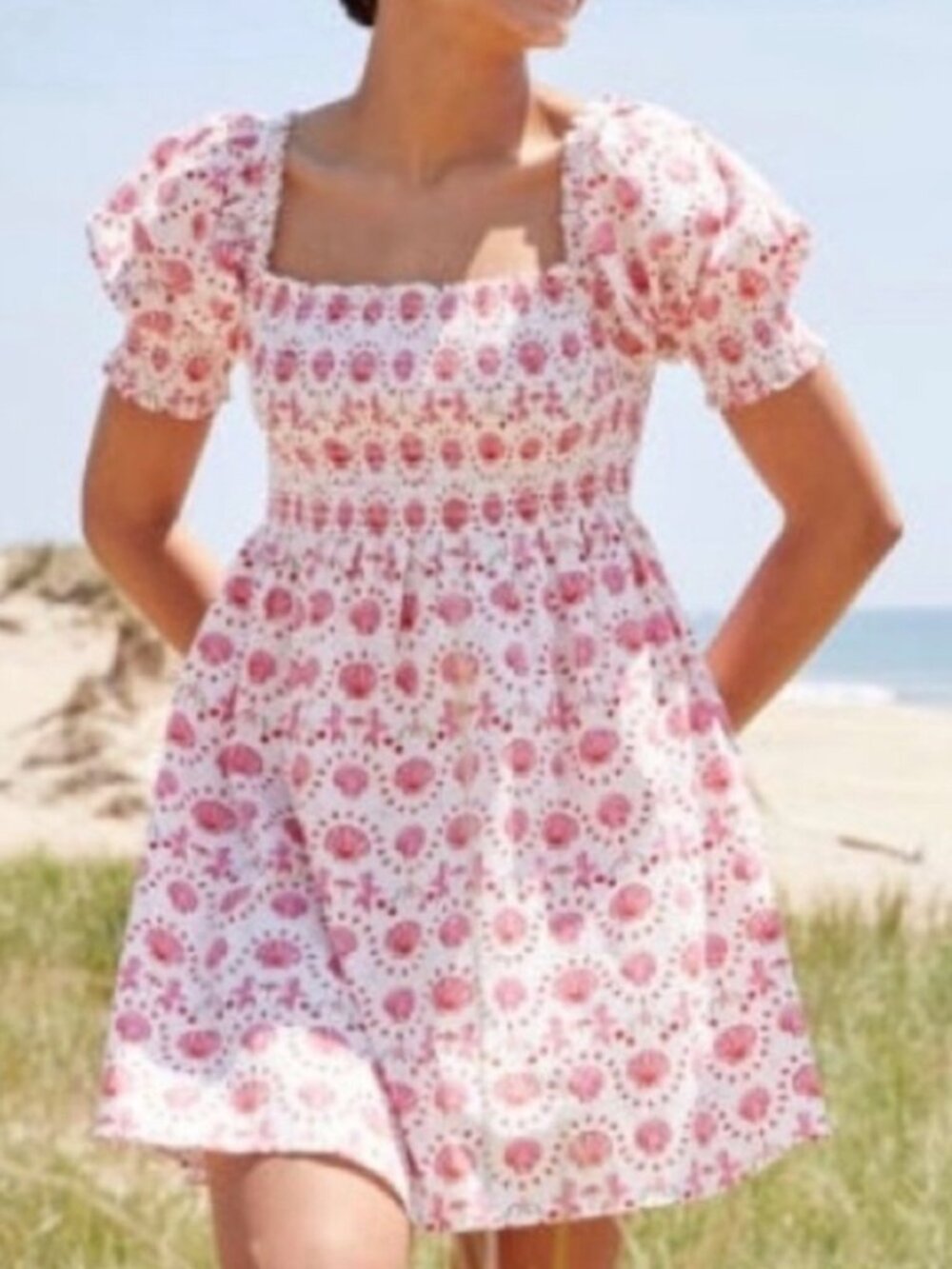 Hill House Home Athena Nap cotton mini shirred Dress Sz XS mermaids/shells - Picture 3 of 11